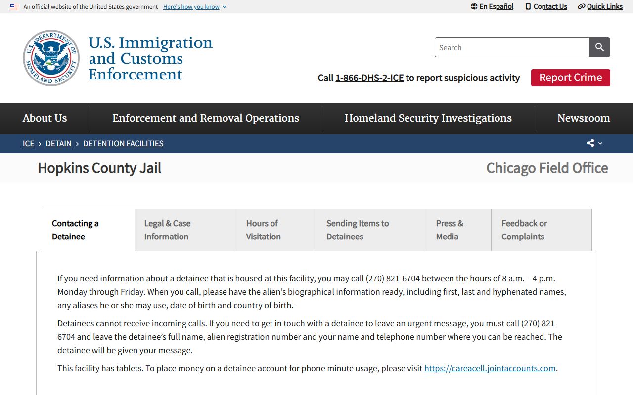 Hopkins County Jail ICE detainee facility inmate lookup