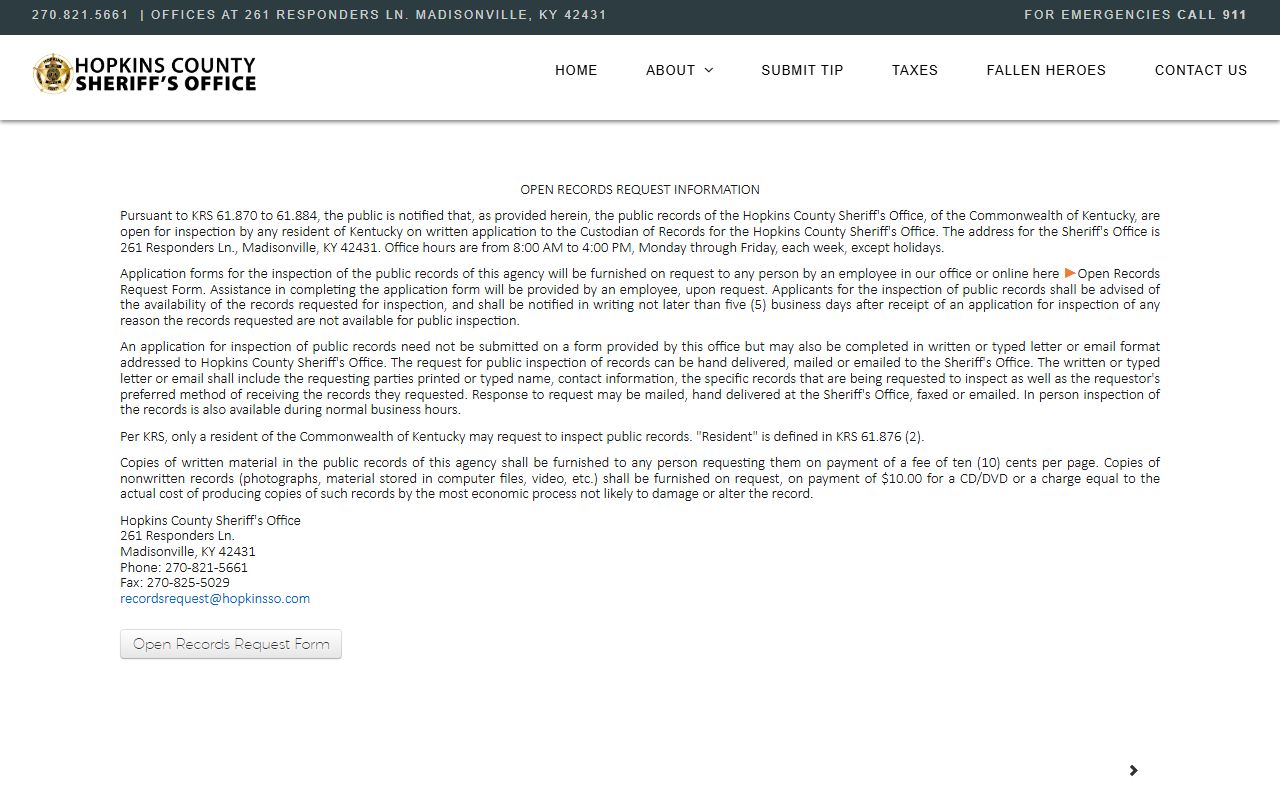 Hopkins County inmate records open records request page